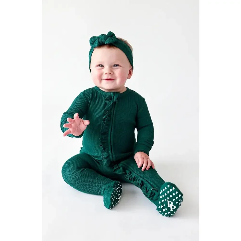 Posh Peanut Footie Ruffled Waffle Zippered One Piece Hunter Green 18-24 Months